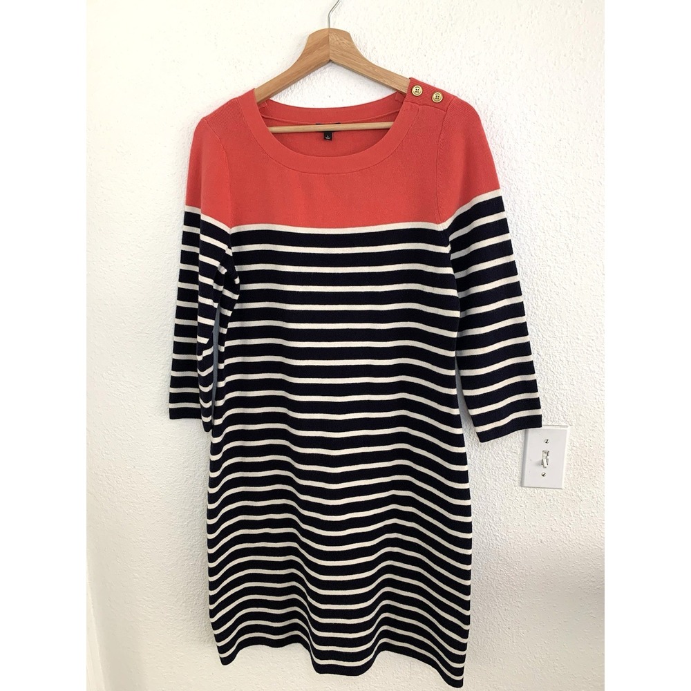 Striped Sweater Dress Coral Cream Black Nautical‎ Gold Button Detail
